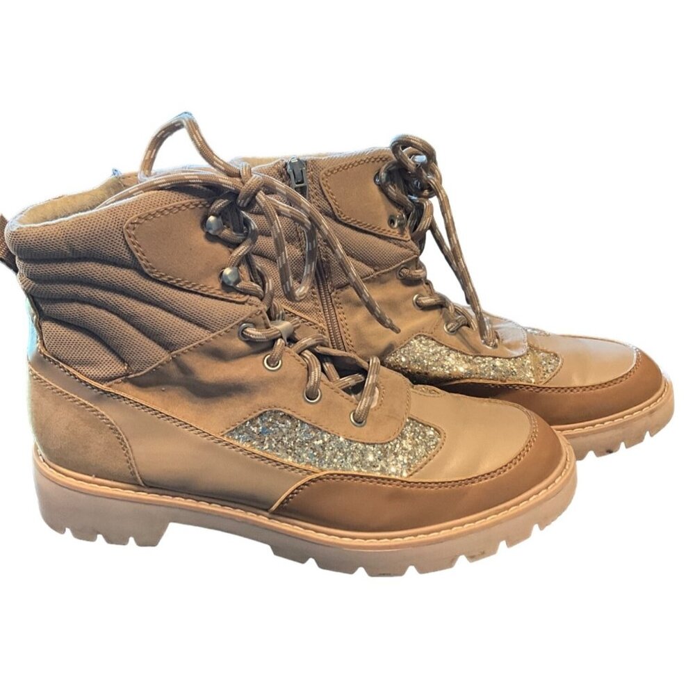 Dolce Vita Womens 11M Tan Pippa Lace-Up Boots With Glitter Accent Synthetic Upp